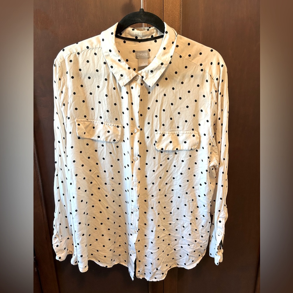 Chicos Long sleeve Pink with Black Polka-dot Button Down Blouse - Size 20-22